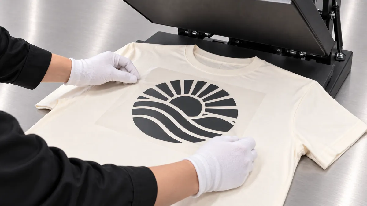 ヒートプレス機の上でTシャツにシートを乗せて位置合わせをしている様子