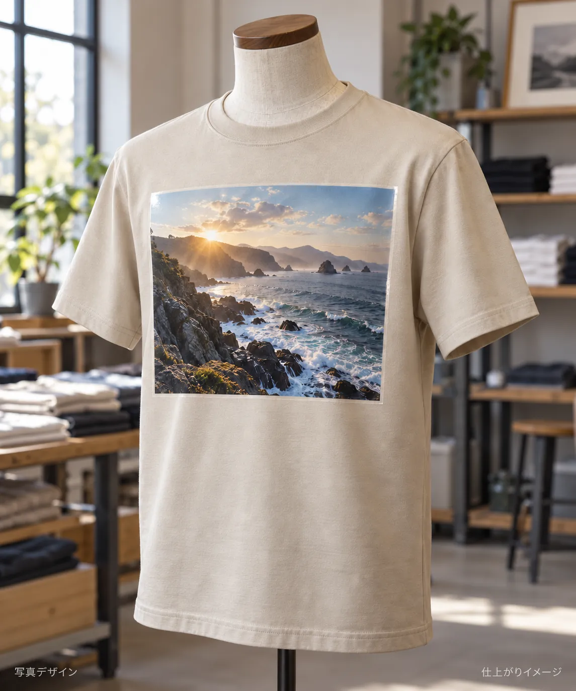 海辺の写真を転写プリントしたTシャツ