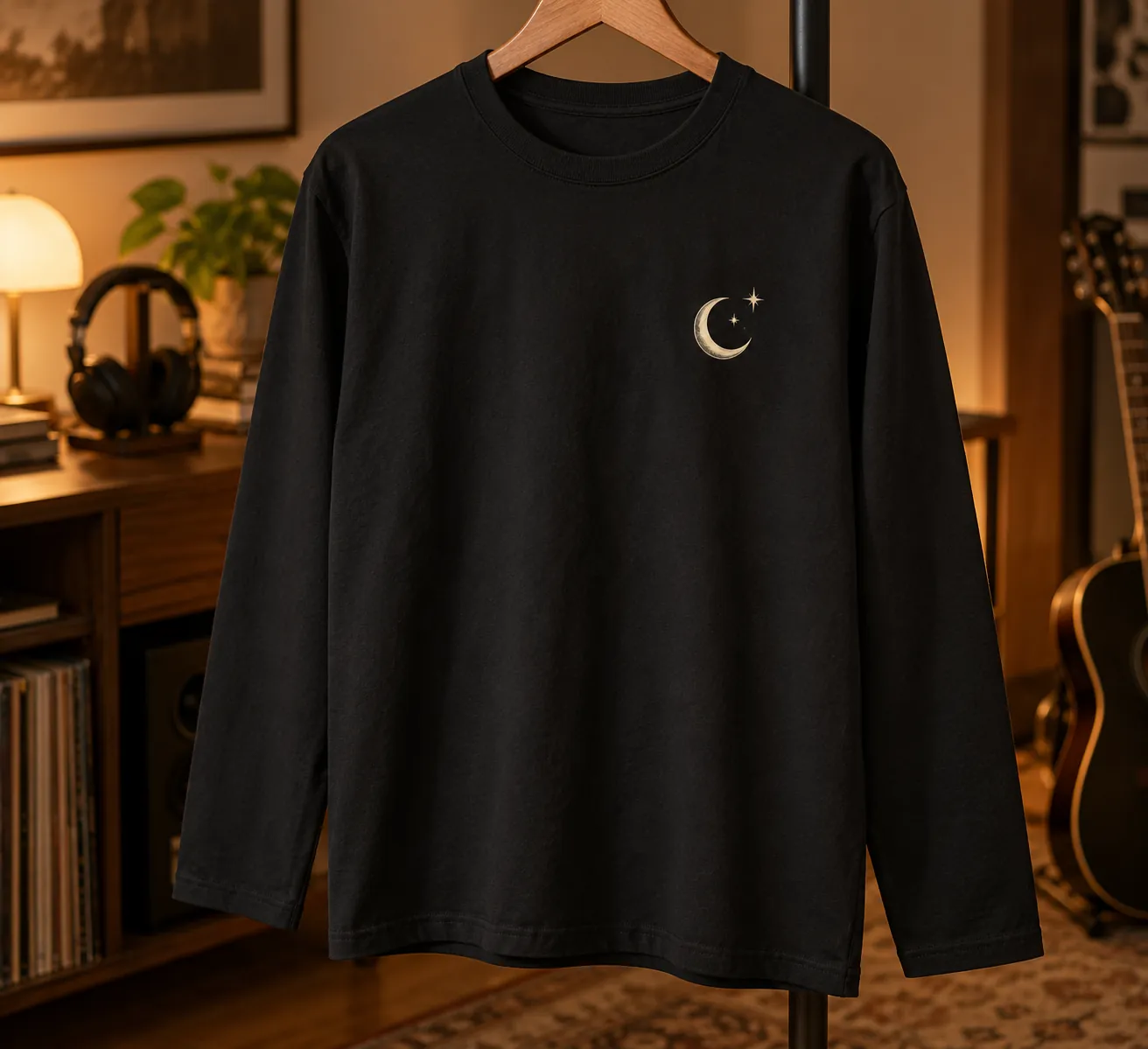 制作サンプル：長袖Tシャツ（ブラック）（胸に三日月と星のワンポイントをプリント）